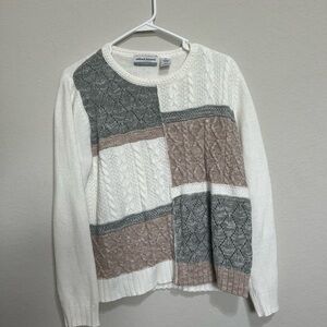 Alfred Dunner Women's Patchwork Cable Knit Sweater - White, Gray, and Brown